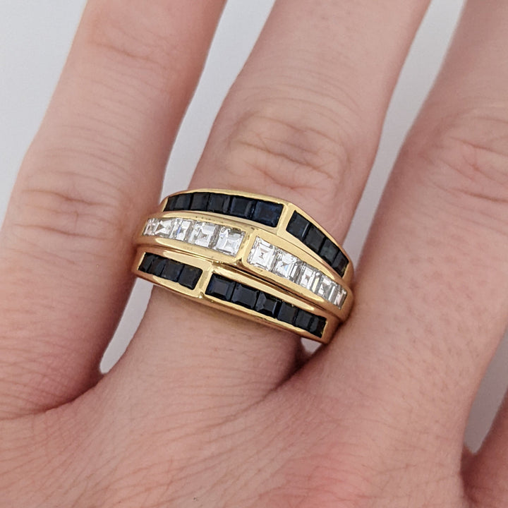 18K SAPPHIRE PRINCESS CUT (20) 2MM WITH .84 DIAMOND TOTAL WEIGHT (10) PRINCESS CUT ESTATE RING 11.0 GRAMS