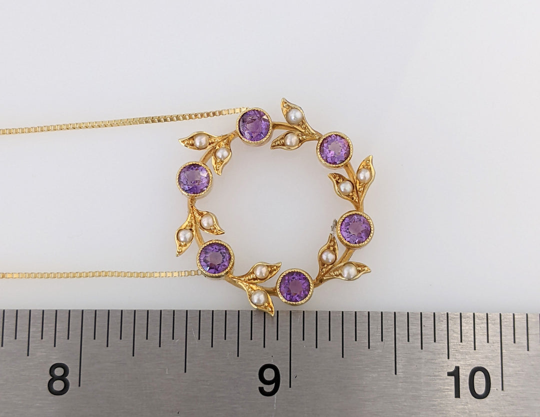 14K AMETHYST ROUND 4MM (6) WITH TWELVE 2MM PEARLS ESTATE PENDANT & CHAIN 5.7 GRAMS