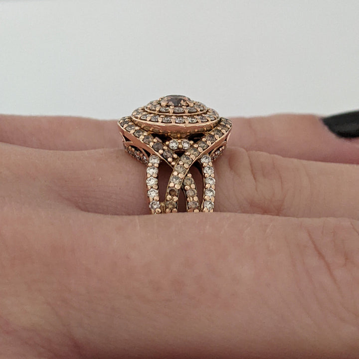 14K ROSE 2.10 CARAT TOTAL WEIGHT SI1 I/ BROWN (131) ESTATE HALO RING 6.4 GRAMS