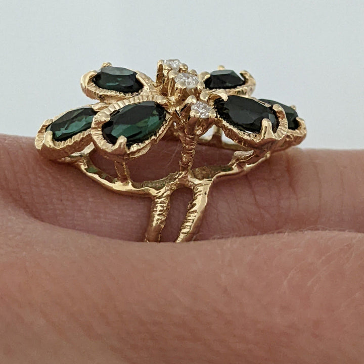 14K GREEN TOURMALINE OVAL (6) 3X5 WITH (3) MELEE ESTATE CLUSTER RING 4.5 GRAMS