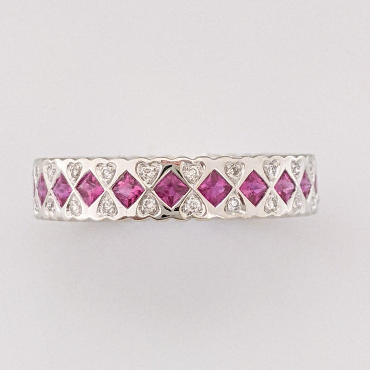14K WHITE RUBY .99 CARAT TOTAL WEIGHT PRINCESS CUT WITH .14 CARAT TOTAL WEIGHT ESTATE BAND 3.9 GRAMS