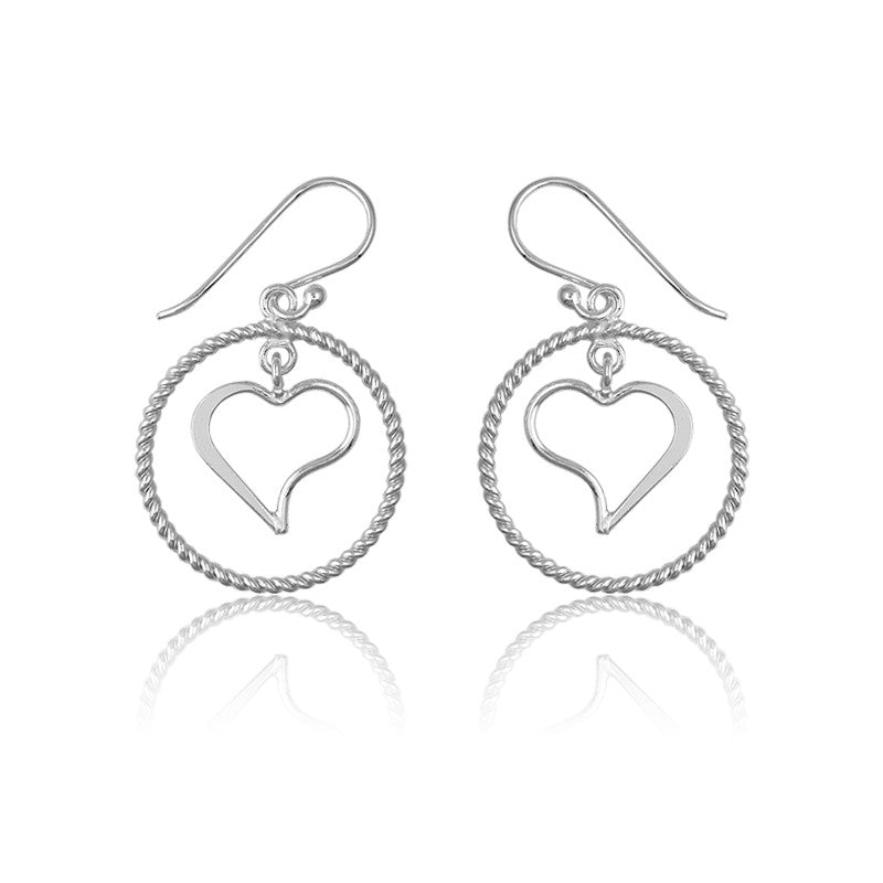 Sterling Silver Twisted Wire Open Circle w/ Center Heart Earrings