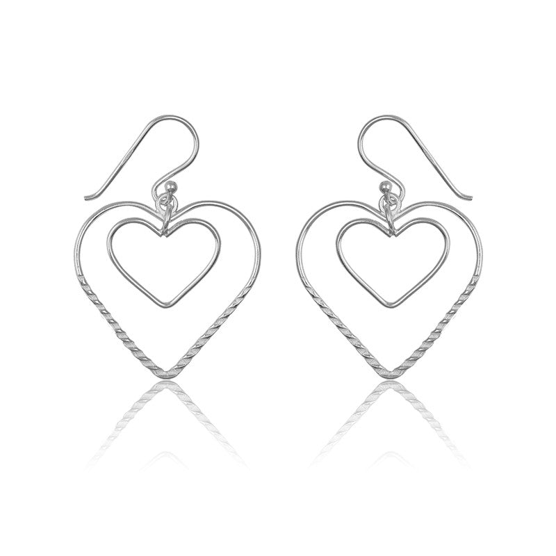 Sterling Silver Open Designed Heart w/ Inner Open Heart Earrings