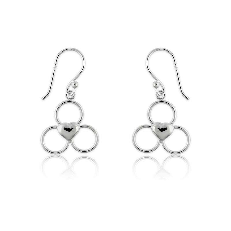 Sterling Silver Triple Circles w/ Center Heart Dangling Earrings