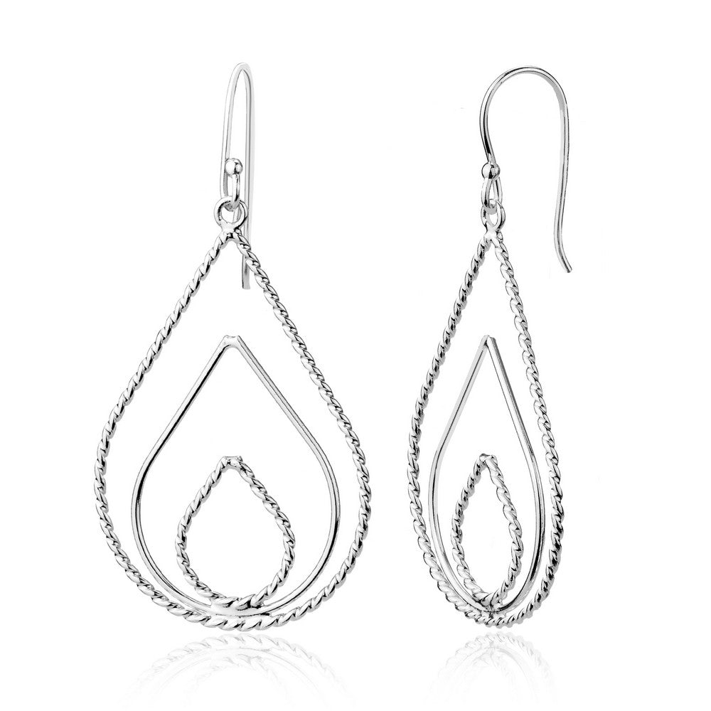 Sterling Silver Rope And Shiny Designed Triple Teardrop Earrings
