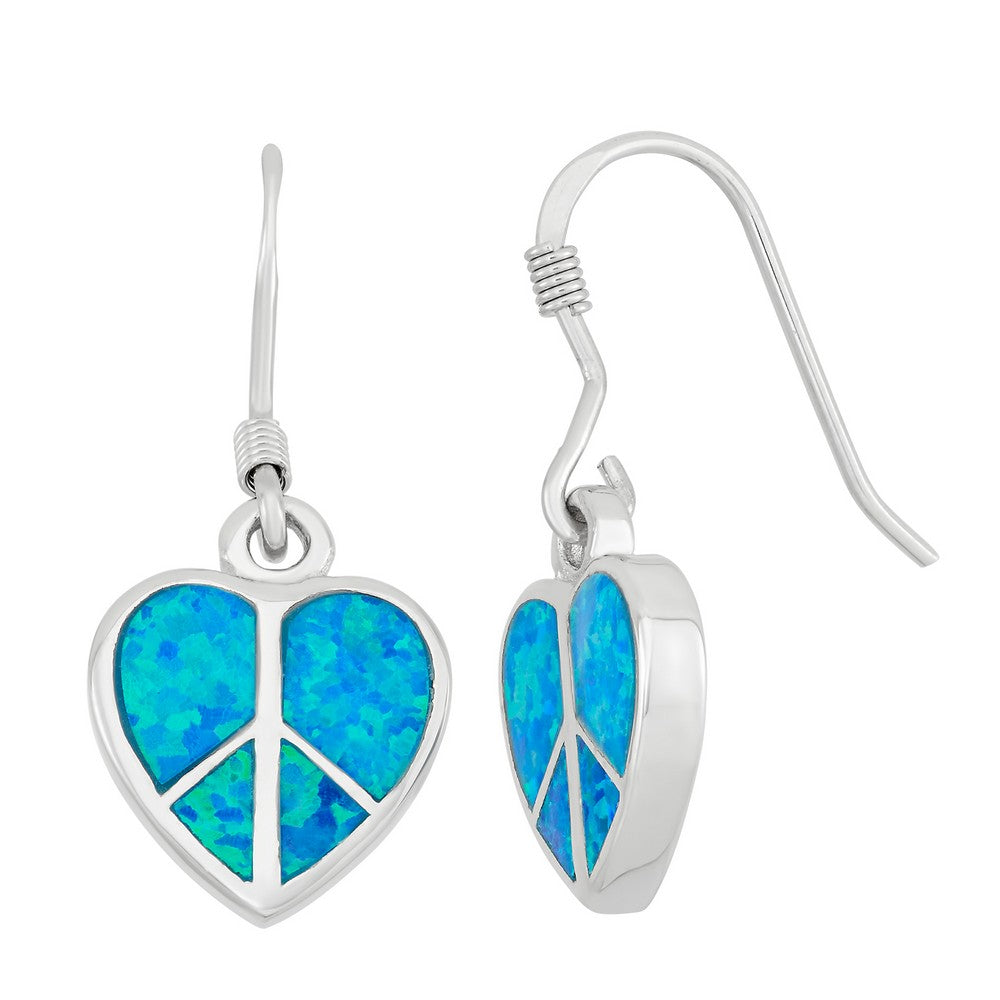 Sterling Silver Blue Inlay Opal Peace Sign Heart Earrings