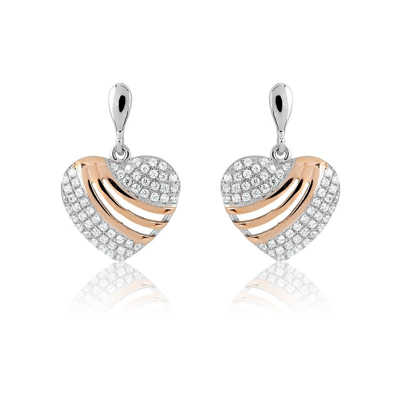 Sterling Silver CZ Micro Pave and Rose-Gold Stripes Heart Earrings (102 stones)