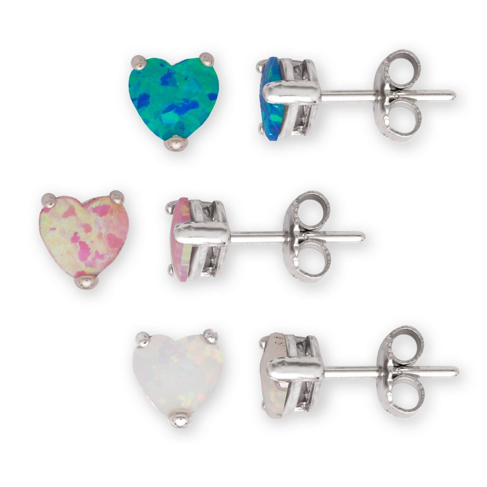 Sterling Silver 6mm White, Pink, and Blue Opal Set of 3 Heart Stud Earrings