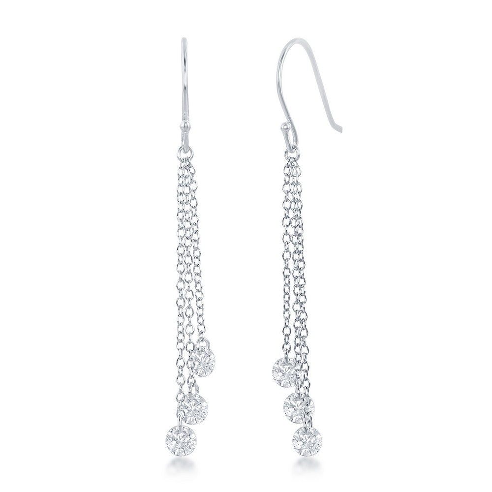 Sterling Silver Three Single Hanging CZ's Dangling Earrings