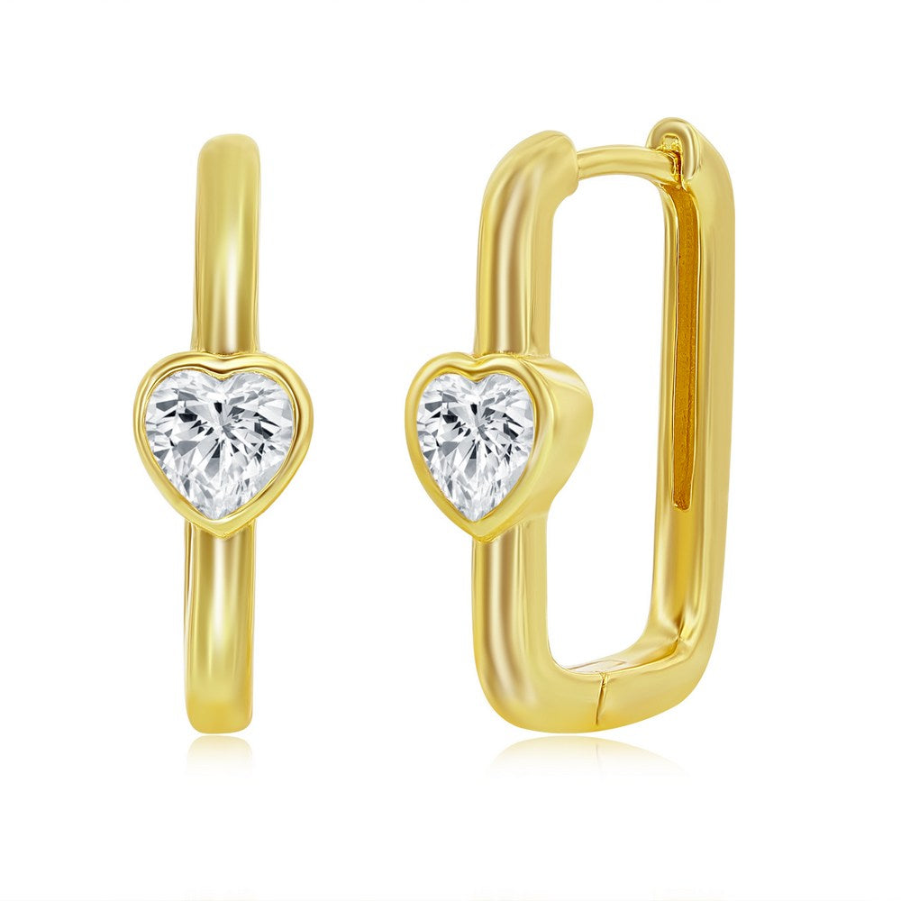 Sterling Silver Heart CZ Rectangle Earrings - Gold Plated