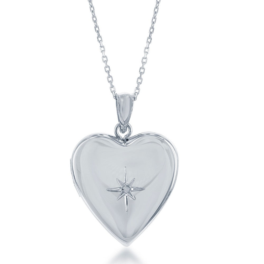 Sterling Silver Shiny Heart Locket with Center Star Diamond Accent W/chain