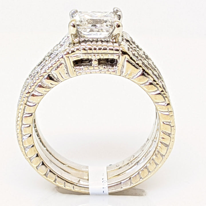 18K WHITE 1.55 CARAT TOTAL WEIGHT I1 F PRINCESS CUT DIAMOND WITH (24) ROUND ESTATE RING 10.3 GRAMS