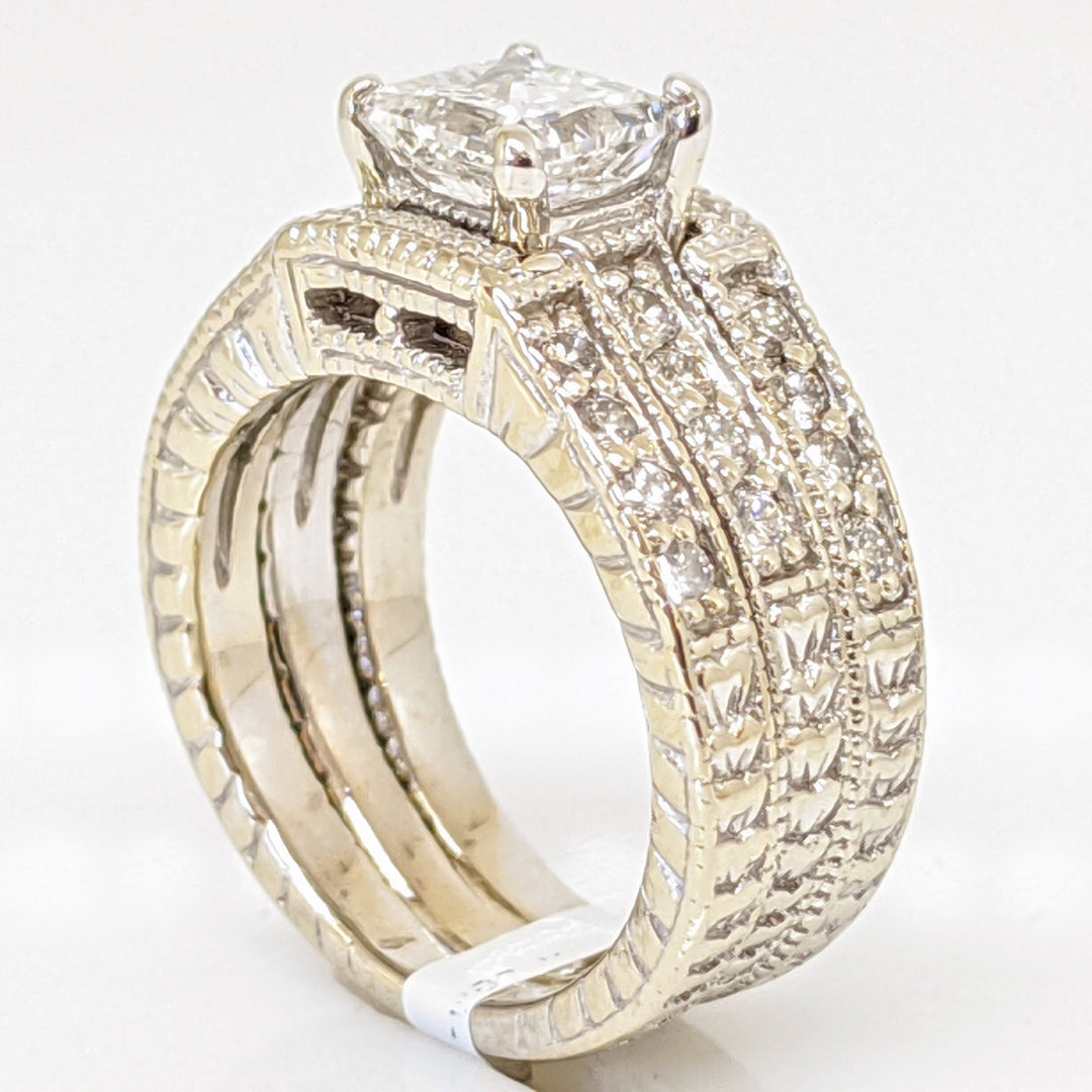 18K WHITE 1.55 CARAT TOTAL WEIGHT I1 F PRINCESS CUT DIAMOND WITH (24) ROUND ESTATE RING 10.3 GRAMS