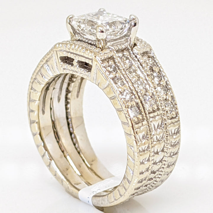 18K WHITE 1.55 CARAT TOTAL WEIGHT I1 F PRINCESS CUT DIAMOND WITH (24) ROUND ESTATE RING 10.3 GRAMS