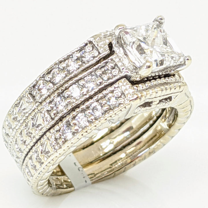 18K WHITE 1.55 CARAT TOTAL WEIGHT I1 F PRINCESS CUT DIAMOND WITH (24) ROUND ESTATE RING 10.3 GRAMS