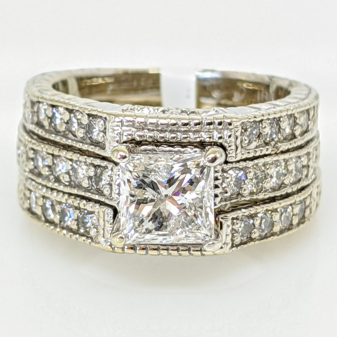 18K WHITE 1.55 CARAT TOTAL WEIGHT I1 F PRINCESS CUT DIAMOND WITH (24) ROUND ESTATE RING 10.3 GRAMS