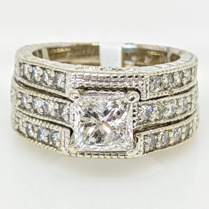 18K WHITE 1.55 CARAT TOTAL WEIGHT I1 F PRINCESS CUT DIAMOND WITH (24) ROUND ESTATE RING 10.3 GRAMS