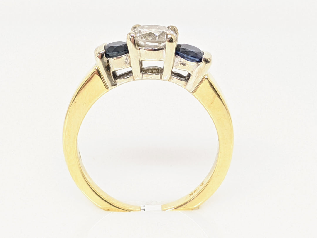 14K .55 CARAT TOTAL SI3-I1 DIAMOND ROUND AND (2) ROUND SAPPHIRE 3.5MM TRINITY ESTATE RING