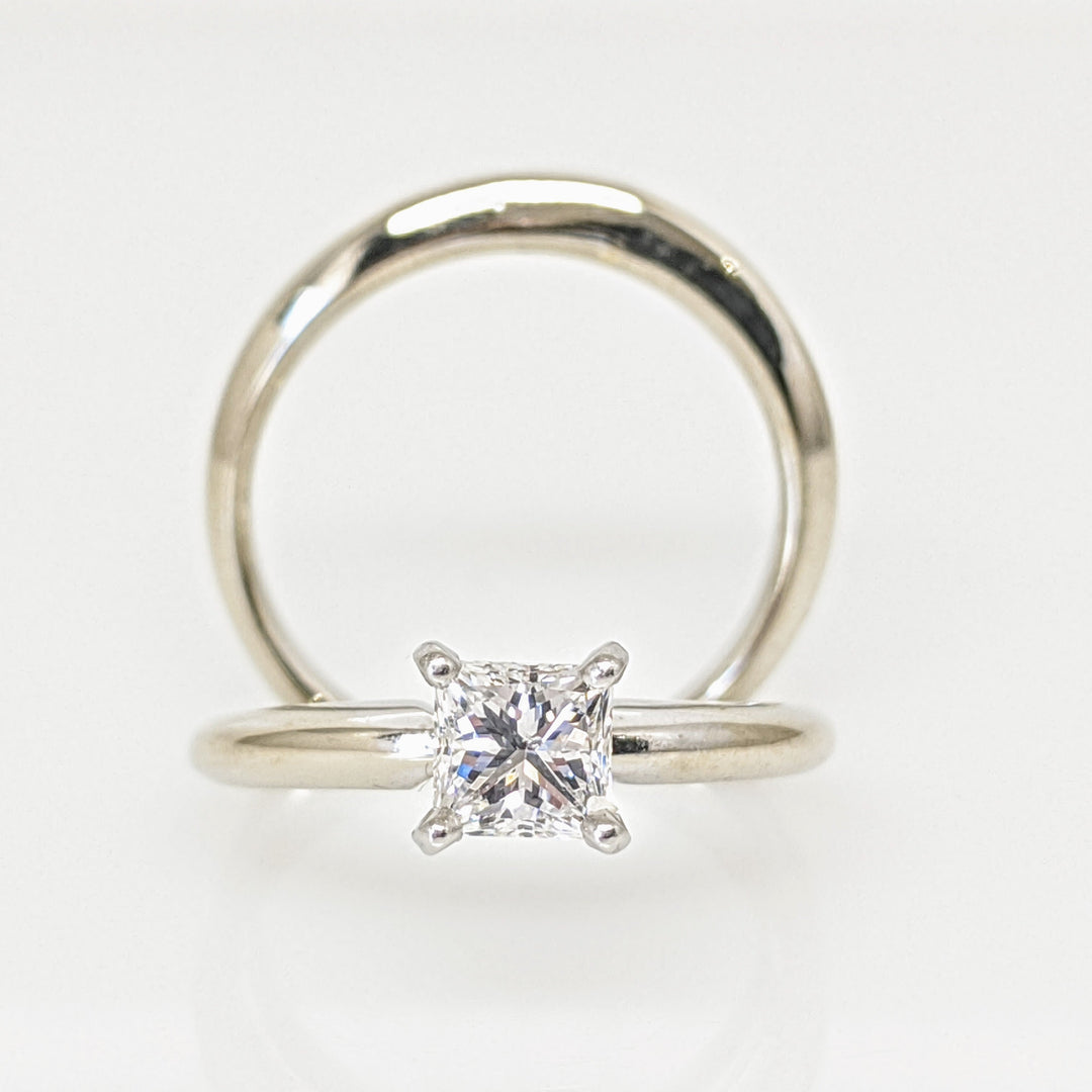 14K WHITE .51 CARAT TOTAL SI2 D DIAMOND PRINCESS CUT SOLITAIRE ESTATE RING WITH BAND
