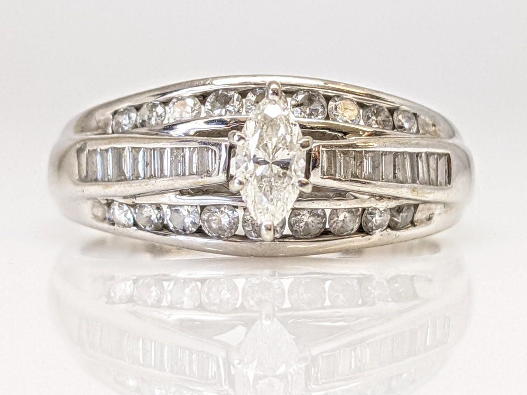 14K WHITE 1.00 CARAT TOTAL WEIGHT I1 F DIAMOND (1) MARQUISE WITH (2) BAGUETTE (18) ROUND MELEE ESTATE RING 4.7 GRAMS