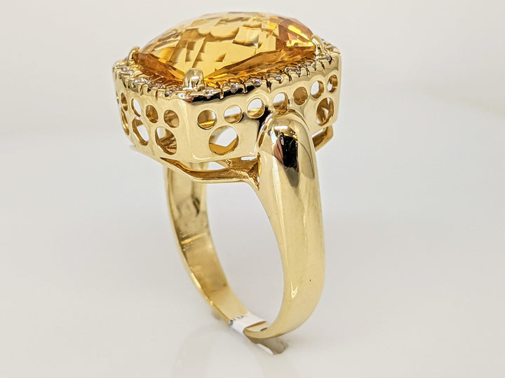 14K CITRINE CUSHION 12X15 WITH (24) DIAMONDS ESTATE RING 9.7 GRAMS