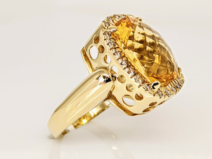 14K CITRINE CUSHION 12X15 WITH (24) DIAMONDS ESTATE RING 9.7 GRAMS