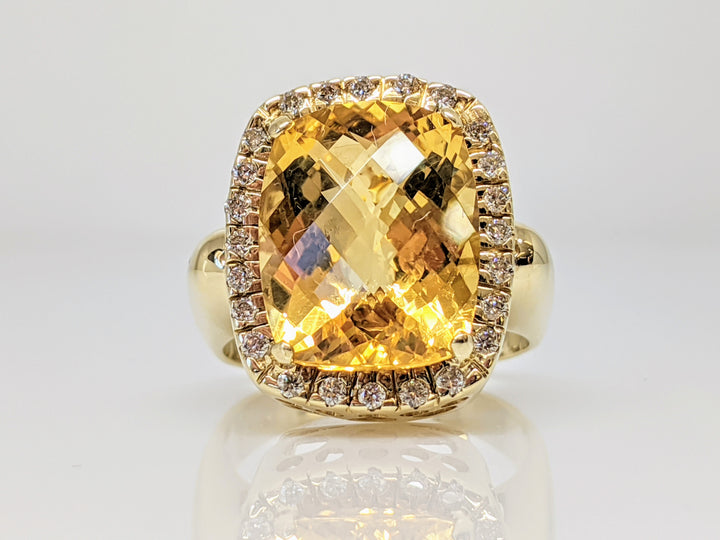 14K CITRINE CUSHION 12X15 WITH (24) DIAMONDS ESTATE RING 9.7 GRAMS