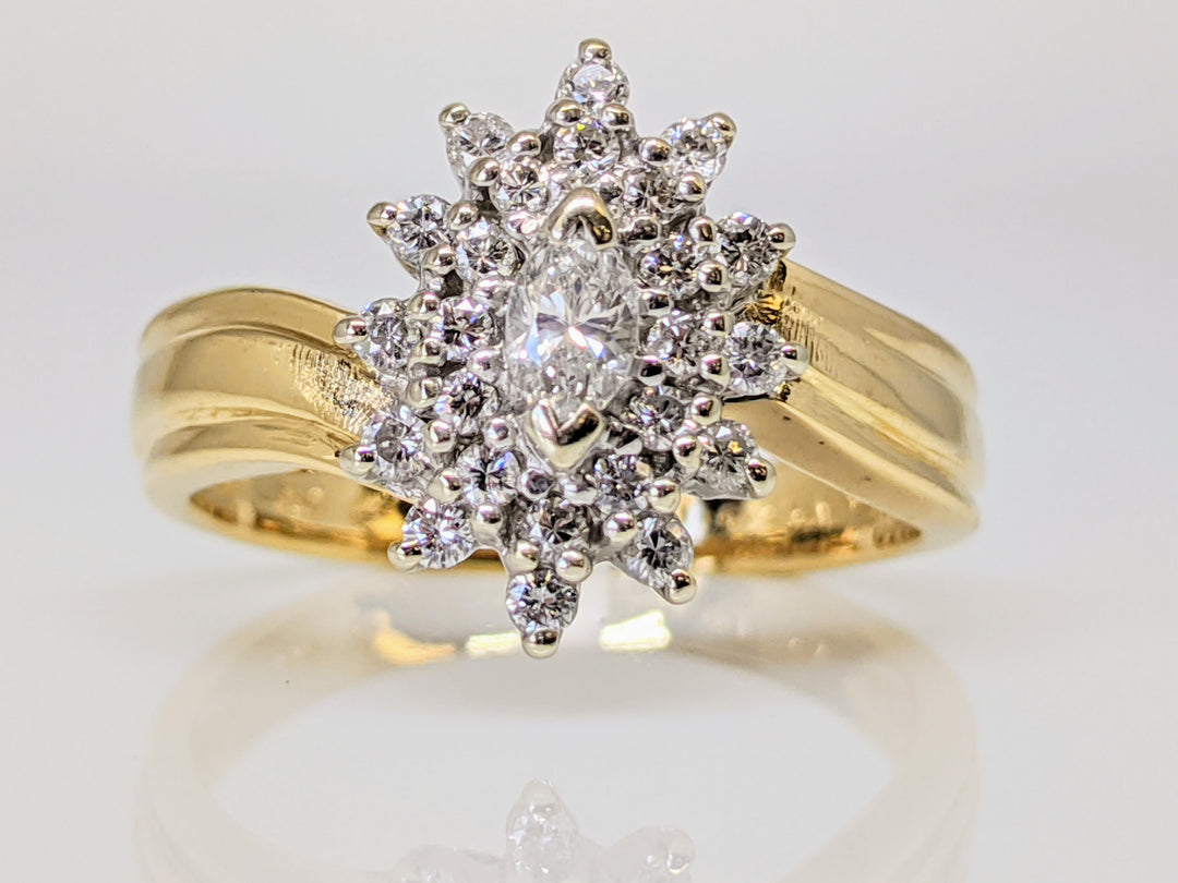 14K .63 CARAT TOTAL WEIGHT SI2 G DIAMOND MARQUISE CUT (1) ROUND (24) ESTATE CLUSTER RING 4.9 GRAMS