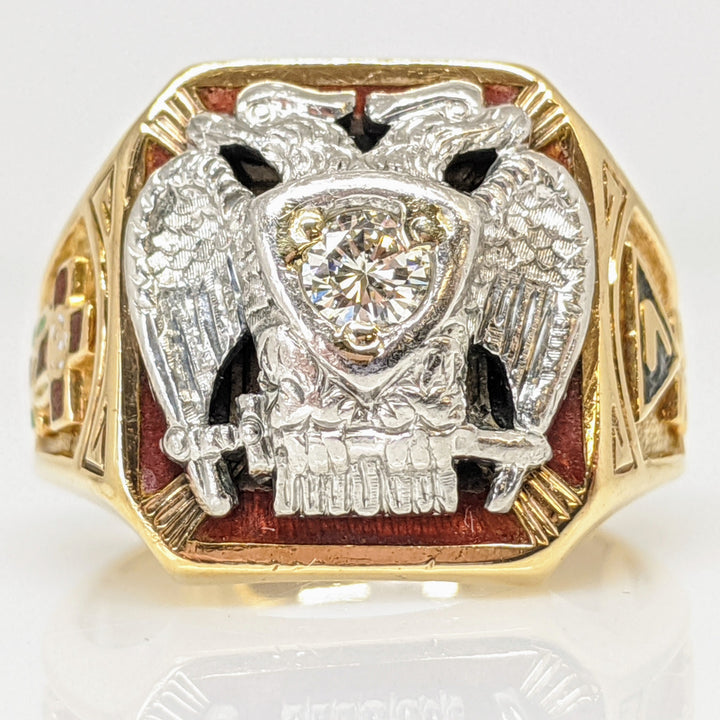 14K .21 CARAT TOTAL I1 I DIAMOND ROUND MASONIC ESTATE RING 17.0 GRAMS