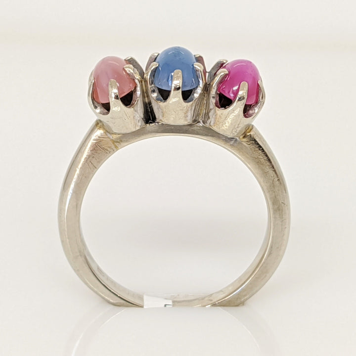 14K WHITE SYNTHETIC STAR SAPPHIRE 4X6 OVAL (3) ESTATE RING 3.7 GRAMS