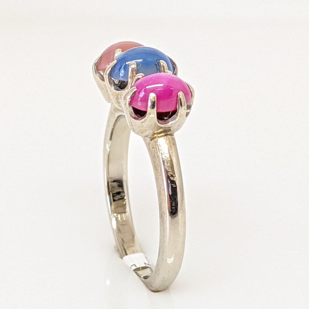 14K WHITE SYNTHETIC STAR SAPPHIRE 4X6 OVAL (3) ESTATE RING 3.7 GRAMS