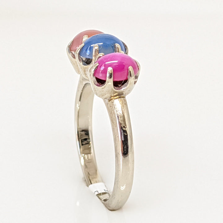 14K WHITE SYNTHETIC STAR SAPPHIRE 4X6 OVAL (3) ESTATE RING 3.7 GRAMS