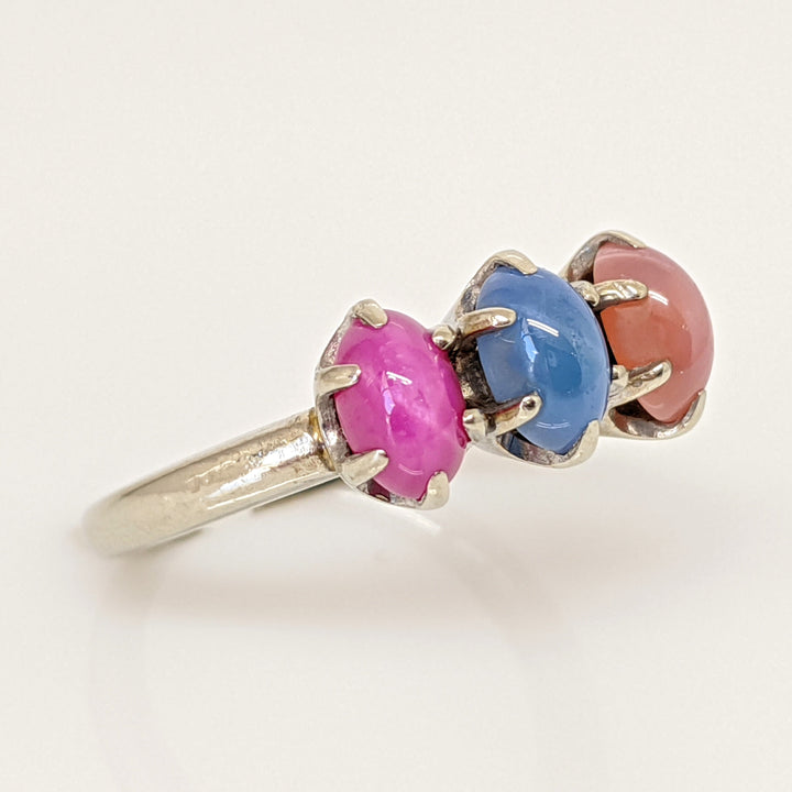 14K WHITE SYNTHETIC STAR SAPPHIRE 4X6 OVAL (3) ESTATE RING 3.7 GRAMS