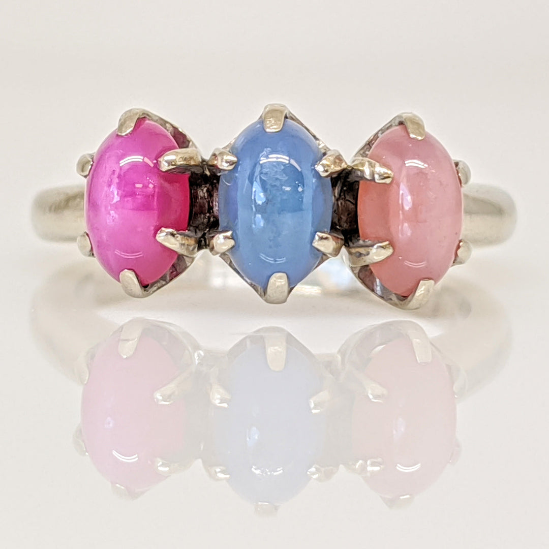 14K WHITE SYNTHETIC STAR SAPPHIRE 4X6 OVAL (3) ESTATE RING 3.7 GRAMS