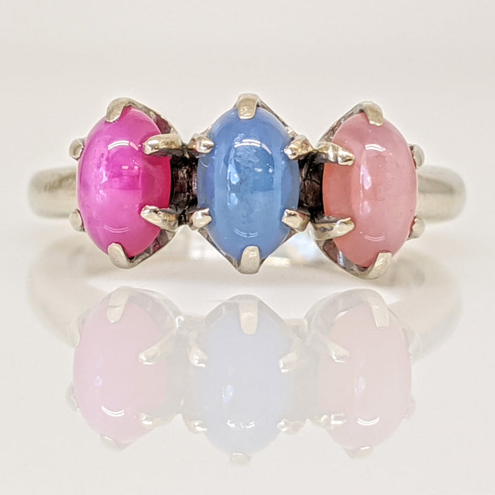 14K WHITE SYNTHETIC STAR SAPPHIRE 4X6 OVAL (3) ESTATE RING 3.7 GRAMS