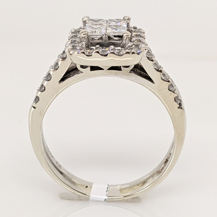 10K WHITE 1.26 CARAT TOTAL WEIGHT SI2 I-L DIAMOND PRINCESS CUT (4) ROUND (39) HALO ESTATE RING 5.3 GRAMS