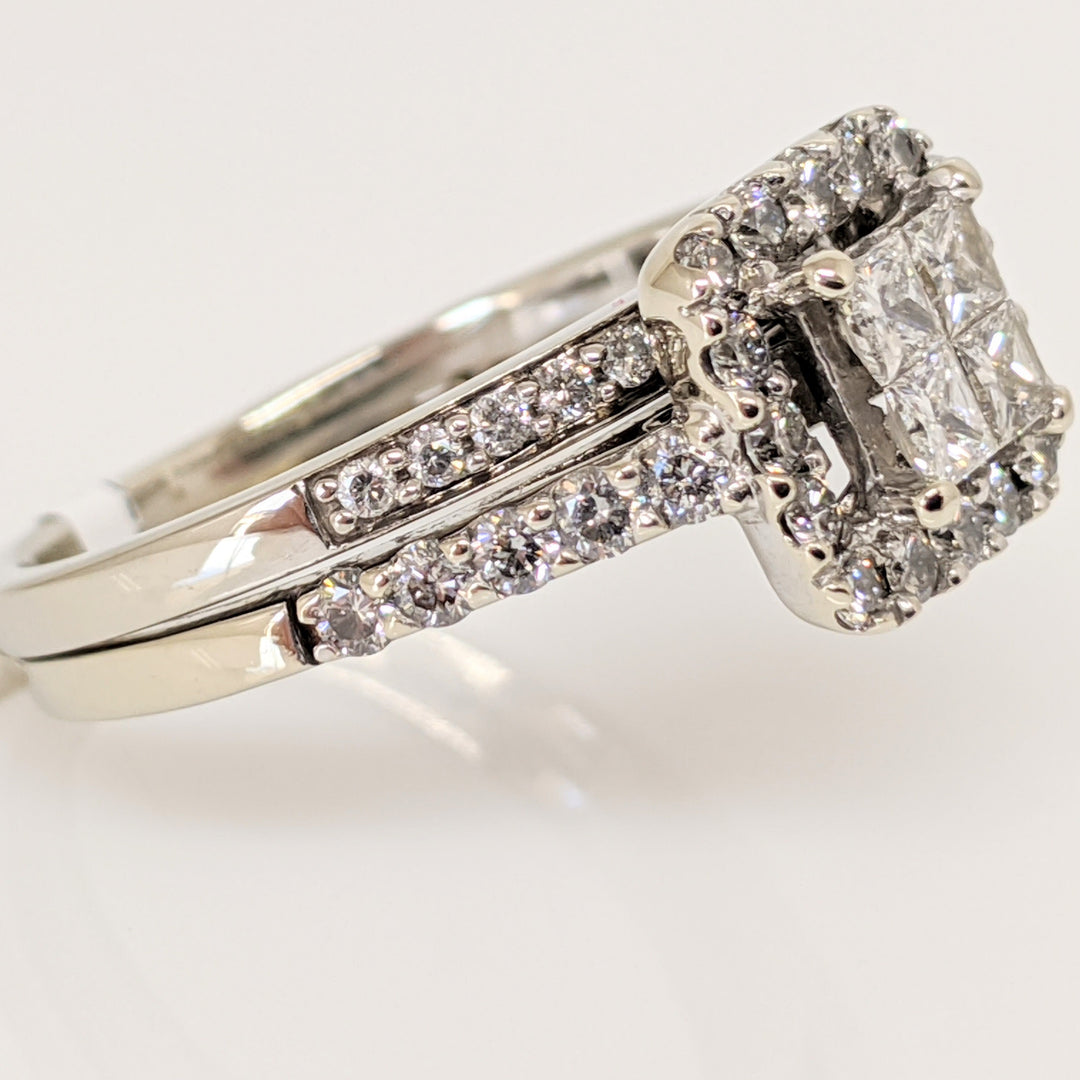 10K WHITE 1.26 CARAT TOTAL WEIGHT SI2 I-L DIAMOND PRINCESS CUT (4) ROUND (39) HALO ESTATE RING 5.3 GRAMS
