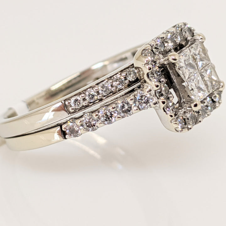 10K WHITE 1.26 CARAT TOTAL WEIGHT SI2 I-L DIAMOND PRINCESS CUT (4) ROUND (39) HALO ESTATE RING 5.3 GRAMS