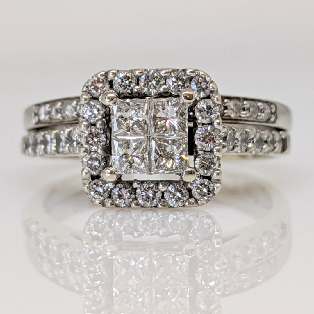 10K WHITE 1.26 CARAT TOTAL WEIGHT SI2 I-L DIAMOND PRINCESS CUT (4) ROUND (39) HALO ESTATE RING 5.3 GRAMS