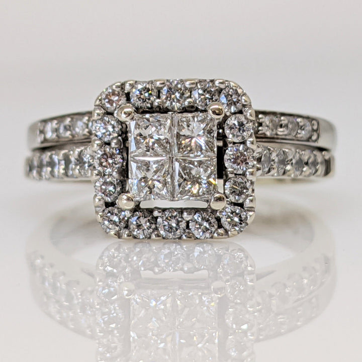 10K WHITE 1.26 CARAT TOTAL WEIGHT SI2 I-L DIAMOND PRINCESS CUT (4) ROUND (39) HALO ESTATE RING 5.3 GRAMS