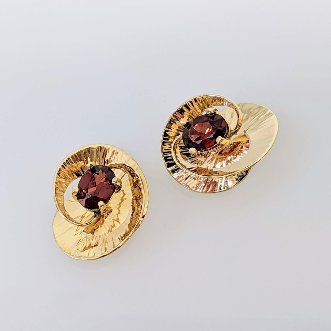 14K GARNET OVAL 5X7 SWIRL "DAUNIS" ESTATE EARRINGS 5.2 GRAMS