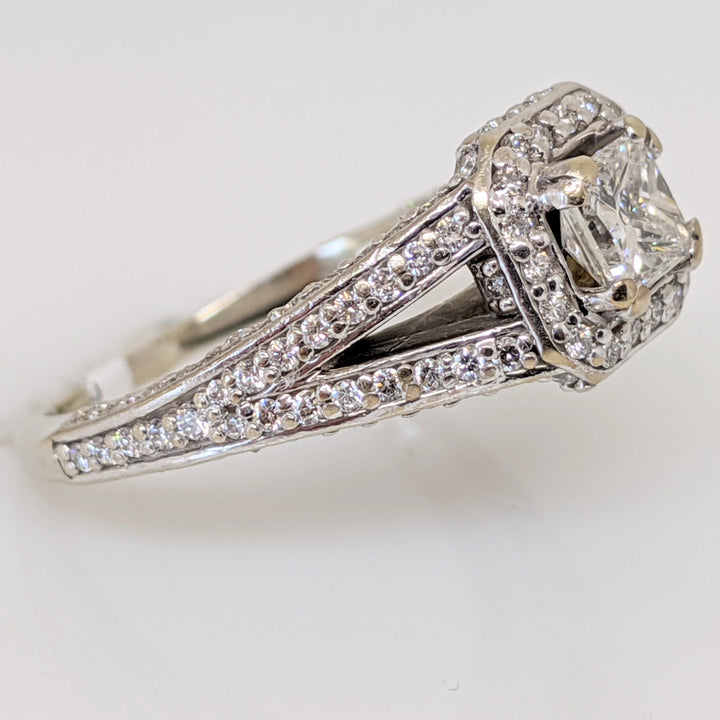 14K WHITE 1.58 CARAT TOTAL WEIGHT SI2 I DIAMOND PRINCESS CUT (1) ROUND (143) HALO ESTATE RING 5.0 GRAMS