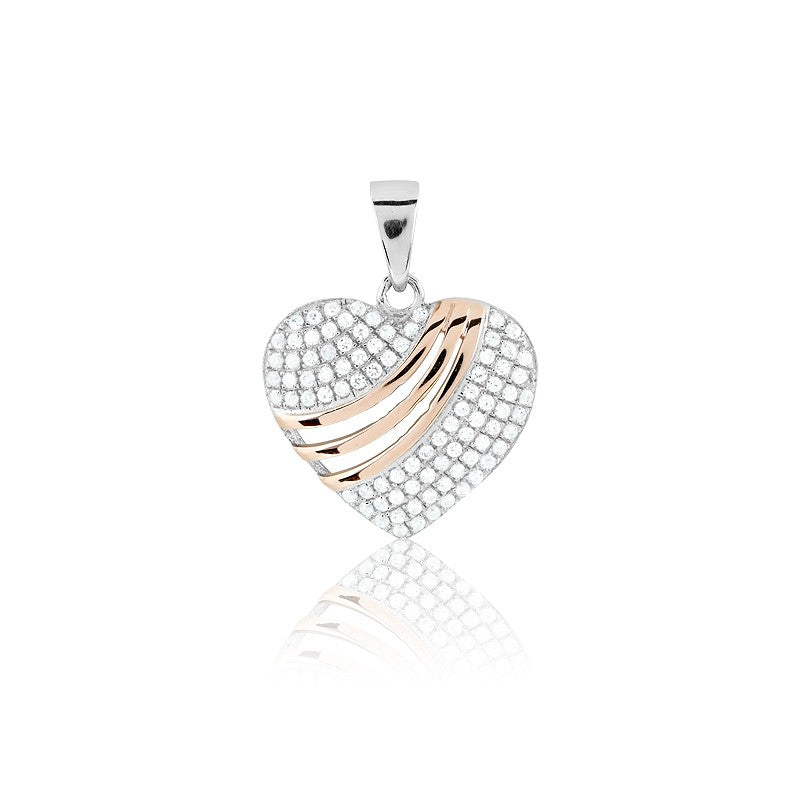 Sterling Silver Micro Pave and Rose-Gold Stripes CZ Heart Pendant (87 stones)