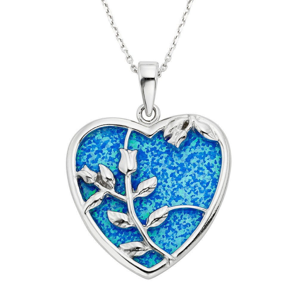 Sterling Silver Large Blue Inlay Opal Heart with Rose Pendant