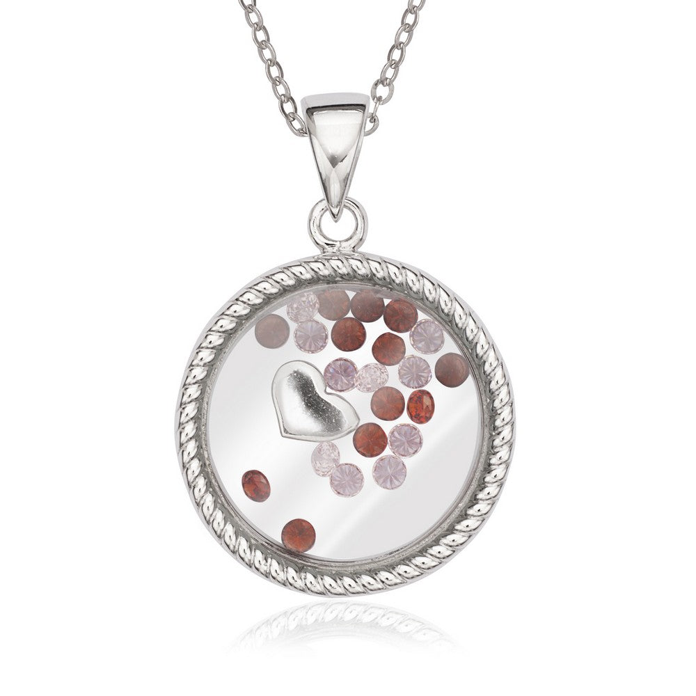 Sterling Silver Floating Pink & Red Crystals with Heart Circle Pendant