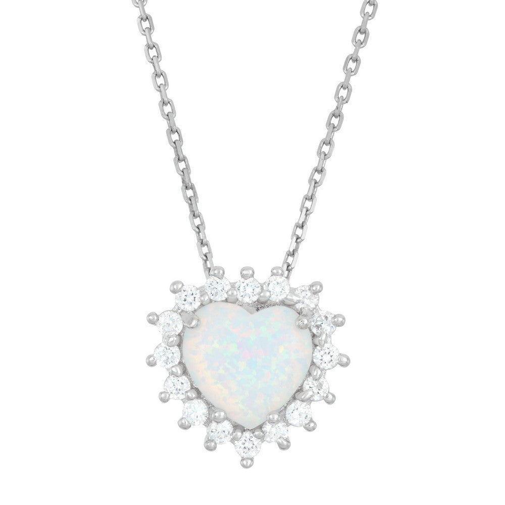 Sterling Silver White Inlay Opal Heart with CZ Border Pendant