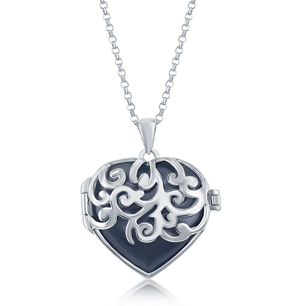 Sterling Silver Designed Heart Locket W/Chain - Black Agate