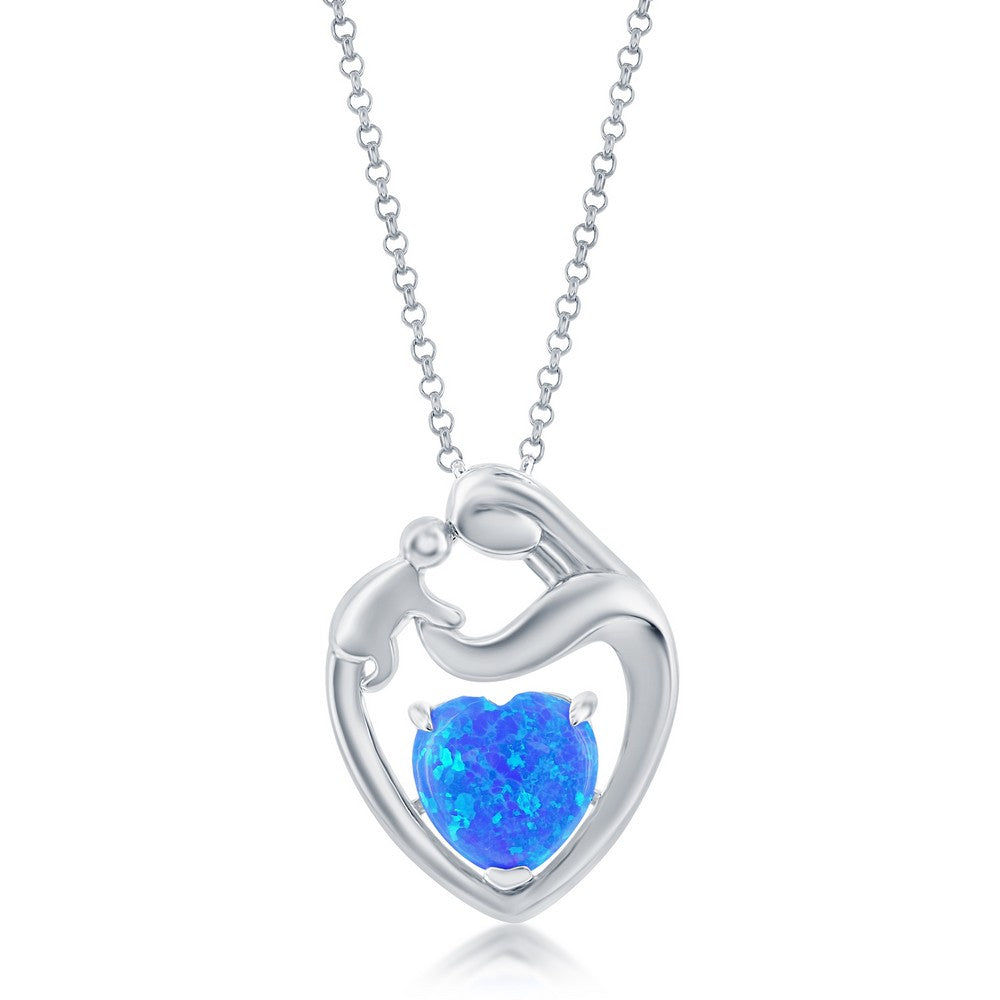 Sterling Silver Blue Opal Heart Mother & Child Pendant