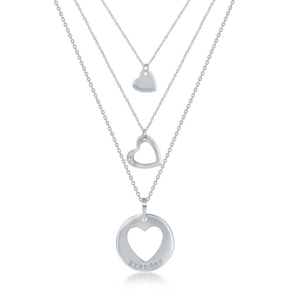Sterling Silver 3PC Generation-Hearts Necklace Set - 18+2" 'Grandma' 16+2" 'Mom', 14+2" 'Daughter'
