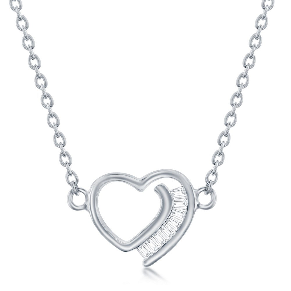 Sterling Silver Thin Heart with CZ Baguettes Necklace